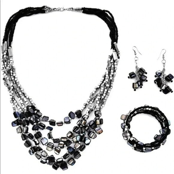 Black Silver Gray Stainless Steel Wire Seed Bead Necklace Bracelet Earring Set - Picture 2 of 6